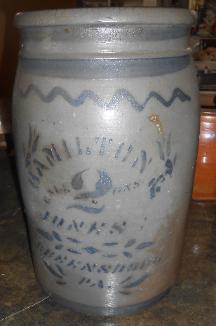 For auction Hamilton & Jones 2 gallon blue decorated crock